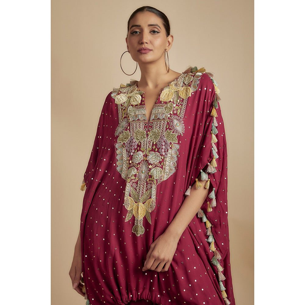 Payal Singhal Maroon Embroidered High Low Kaftan Kurta with Jogger Pant (Set of 2)