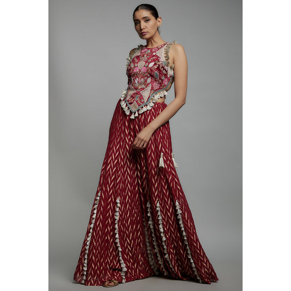 Payal Singhal Maroon Embroidered Back Tie-Up Choli with Sharara (Set of 2)