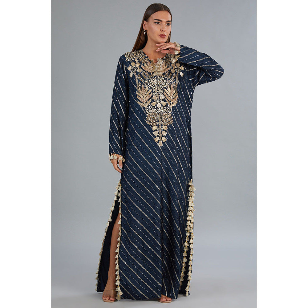 Payal Singhal Navy Blue Dola Silk Embroidered Long Beyza Kaftan Dress