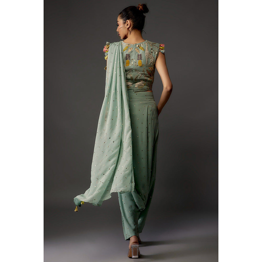 Payal Singhal Powder Green Embroidered Choli and Low Crotch with Attached Drape (Set of 2)