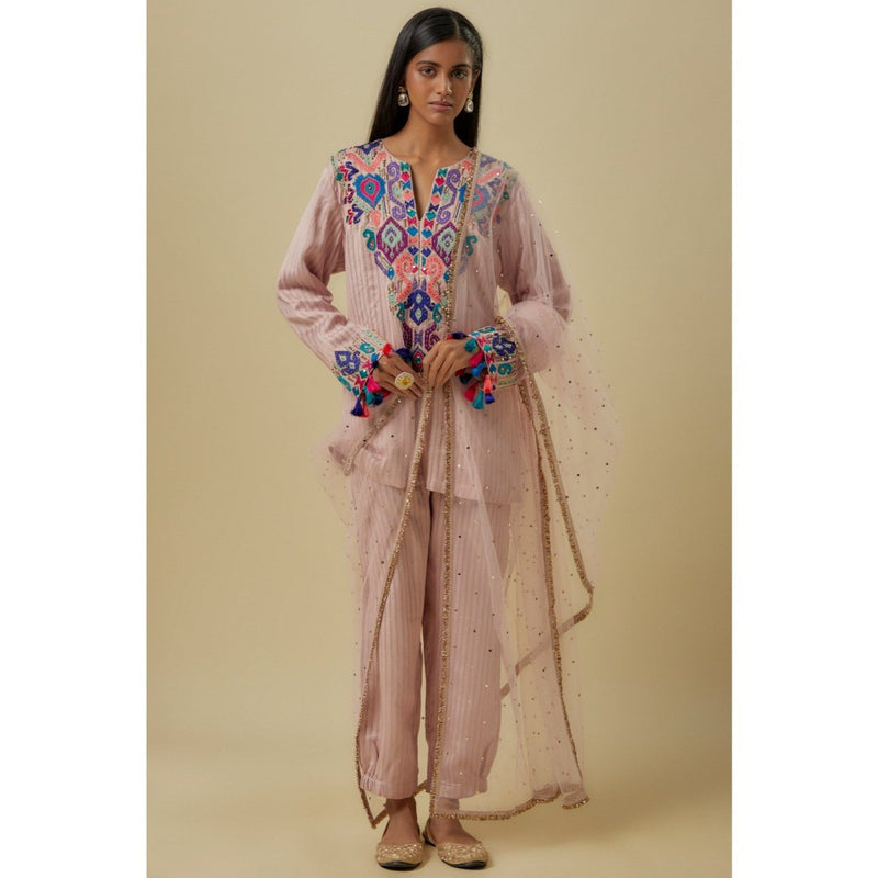 Payal Singhal Onion Pink Stripes Chanderi Embroidered Yoke Kurta With Pant & Dupatta