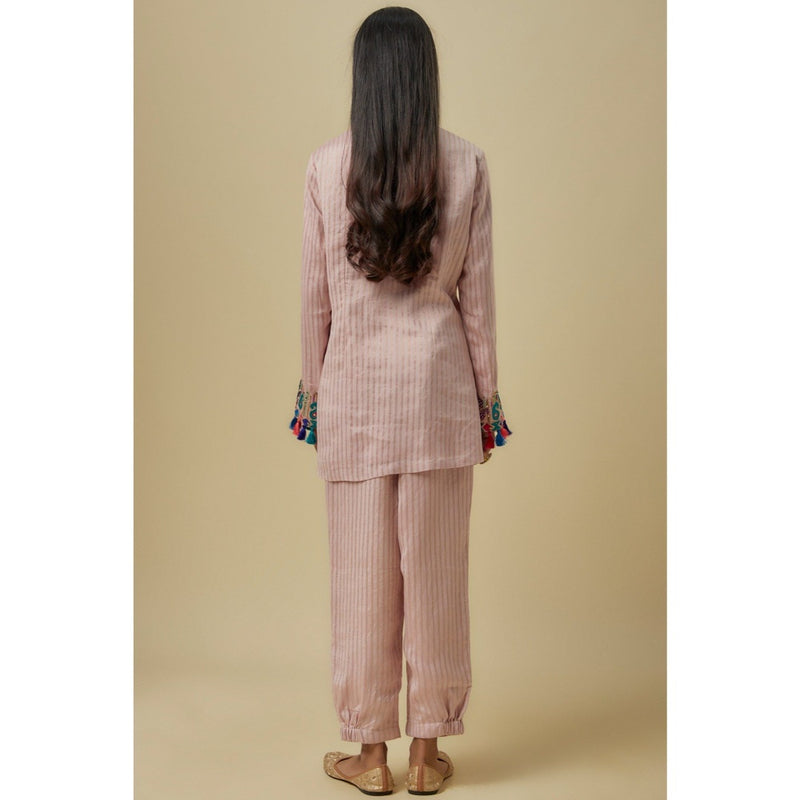 Payal Singhal Onion Pink Stripes Chanderi Embroidered Yoke Kurta With Pant & Dupatta