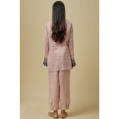 Payal Singhal Onion Pink Stripes Chanderi Embroidered Yoke Kurta With Pant & Dupatta