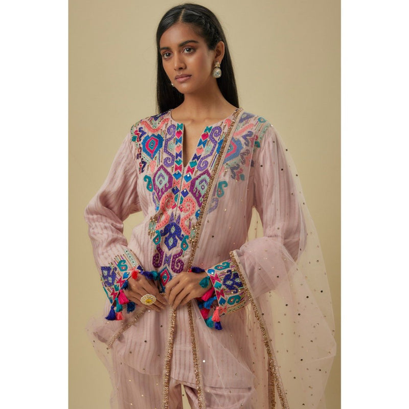 Payal Singhal Onion Pink Stripes Chanderi Embroidered Yoke Kurta With Pant & Dupatta