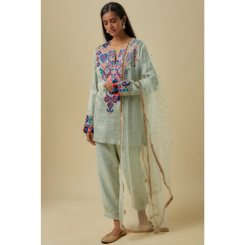 Payal Singhal Pale Blue Gold Stripes Chanderi Embroidered Yoke Kurta With Pant & Dupatta