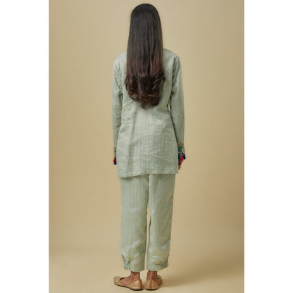 Payal Singhal Pale Blue Gold Stripes Chanderi Embroidered Yoke Kurta With Pant & Dupatta