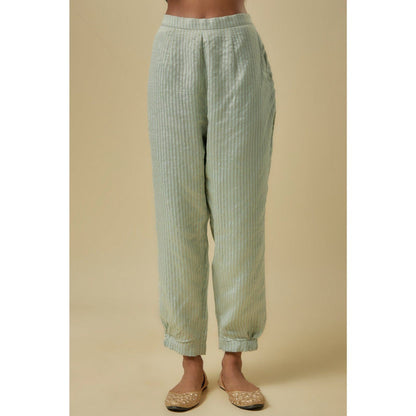 Payal Singhal Pale Blue Gold Stripes Chanderi Embroidered Yoke Kurta With Pant & Dupatta