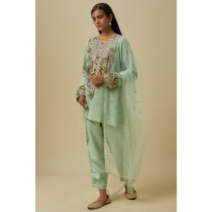 Payal Singhal Mint Chanderi Stripe Embroidered Yoke Kurta With Pant & Dupatta