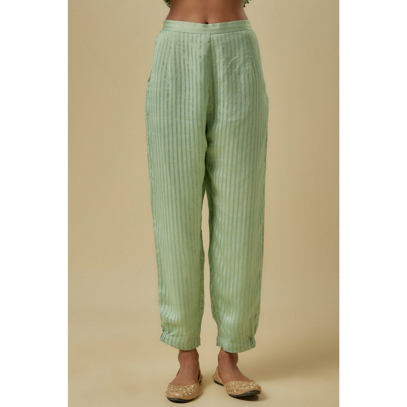 Payal Singhal Mint Chanderi Stripe Embroidered Yoke Kurta With Pant & Dupatta