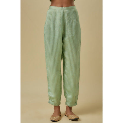 Payal Singhal Mint Chanderi Stripe Embroidered Yoke Kurta With Pant & Dupatta