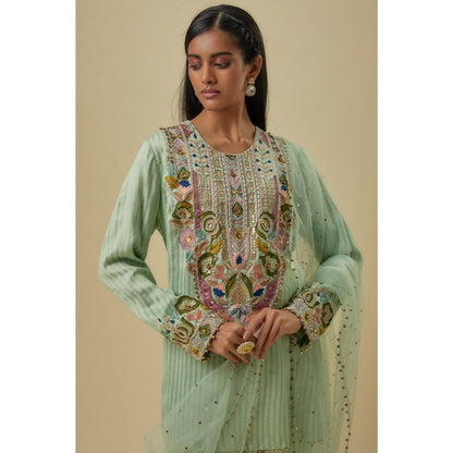 Payal Singhal Mint Chanderi Stripe Embroidered Yoke Kurta With Pant & Dupatta