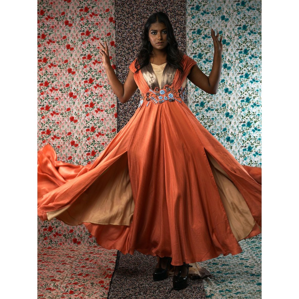 Payal Dawar Rust Manipulating Slits Gown