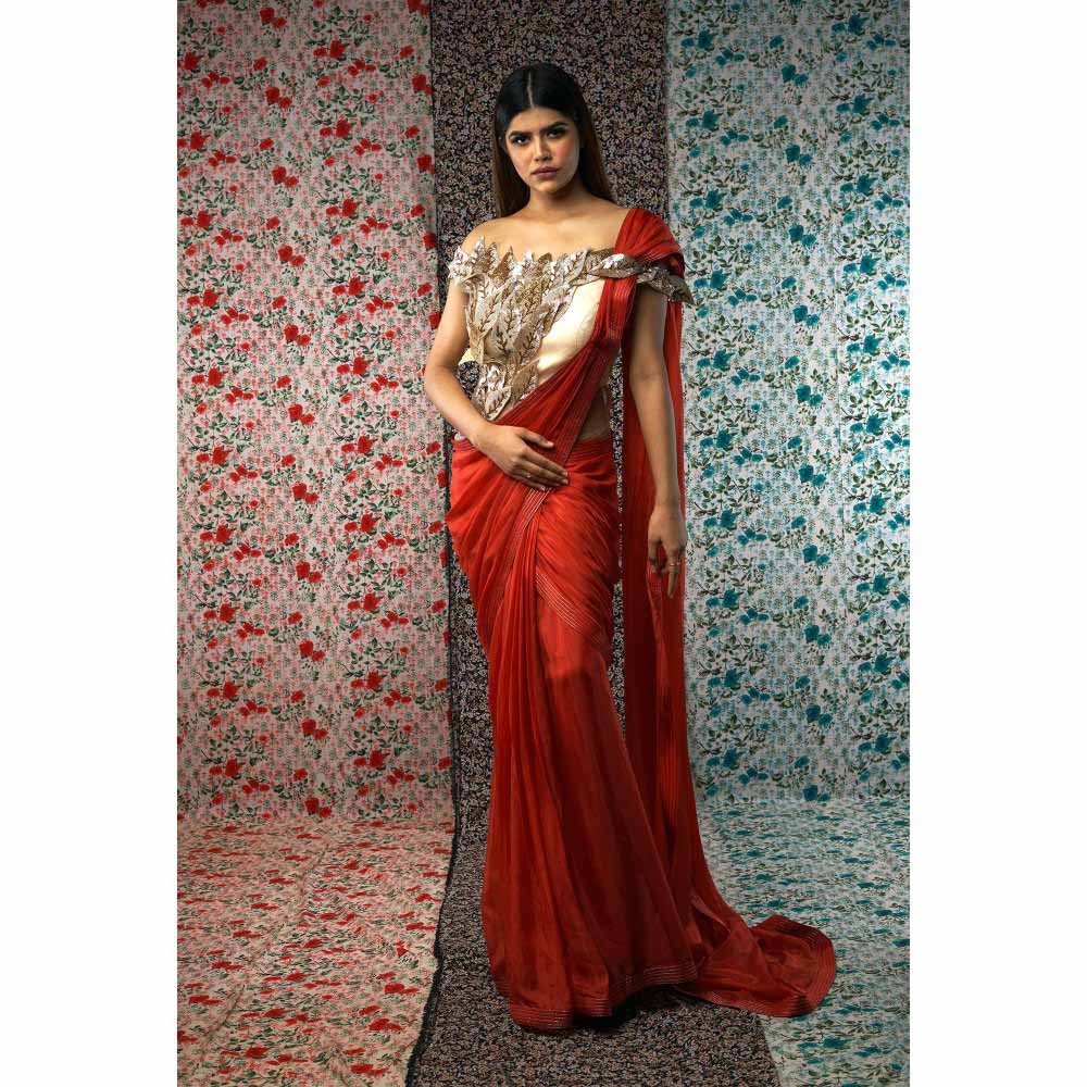 Payal Dawar Rust Yards Of Grace Pre Draped Saree with Stitched Blouse