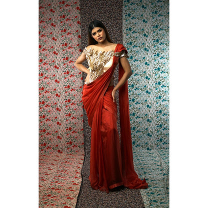 Payal Dawar Rust Yards Of Grace Pre Draped Saree with Stitched Blouse