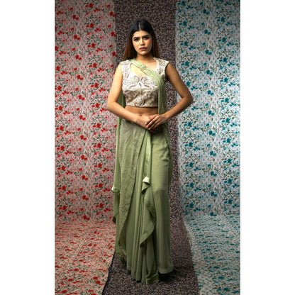 Payal Dawar Green Pre Drape Saree with Stitched Blouse