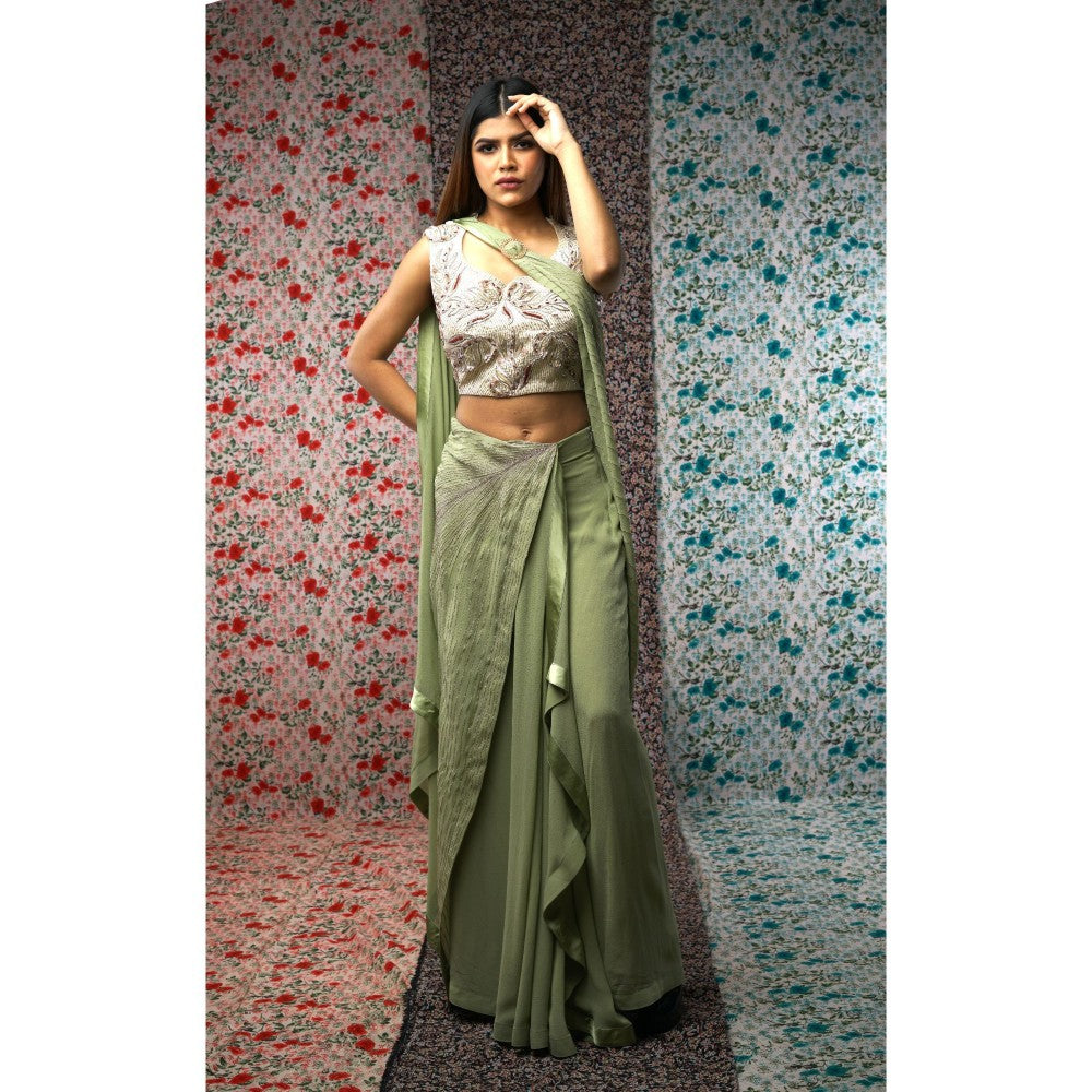 Payal Dawar Green Pre Drape Saree with Stitched Blouse
