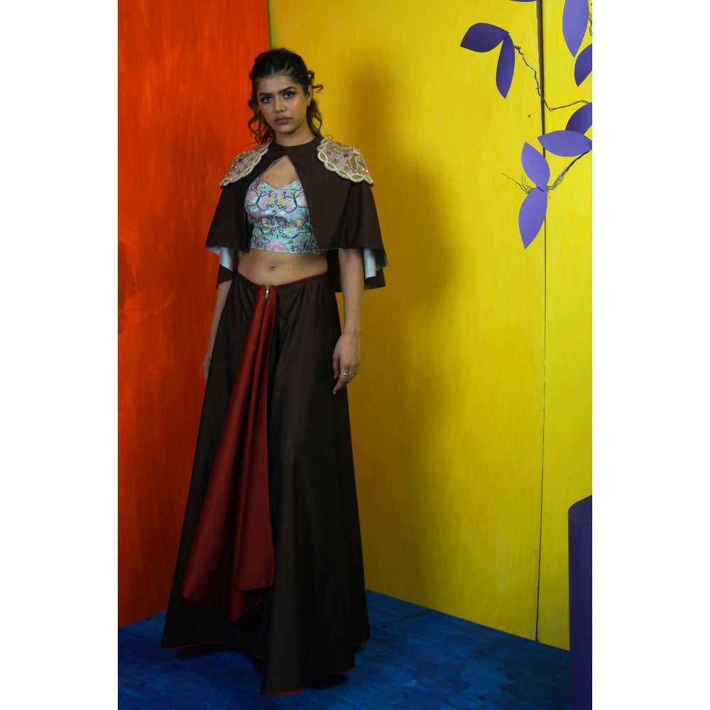 Payal Dawar Maroon The Queen Crop Top with Skirt and Cape (Set of 3)