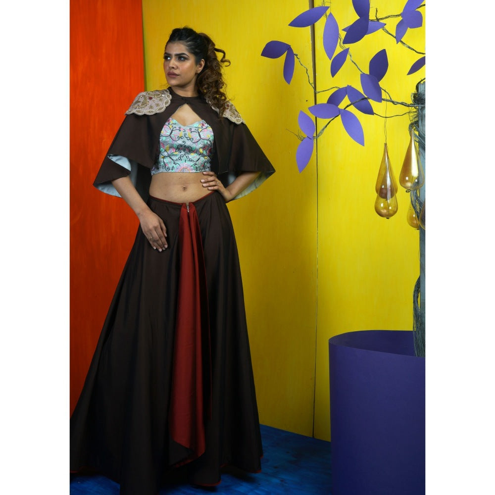 Payal Dawar Maroon The Queen Crop Top with Skirt and Cape (Set of 3)