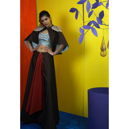 Payal Dawar Maroon The Queen Crop Top with Skirt and Cape (Set of 3)
