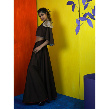 Payal Dawar Maroon The Queen Crop Top with Skirt and Cape (Set of 3)