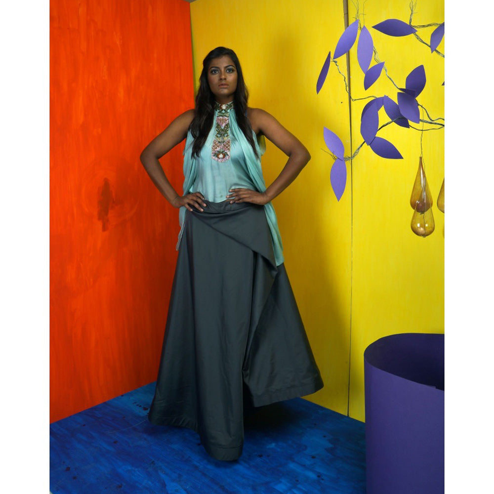 Payal Dawar Blue Drapy Tricks Top with Skirt (Set of 2)