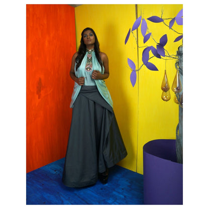 Payal Dawar Blue Drapy Tricks Top with Skirt (Set of 2)