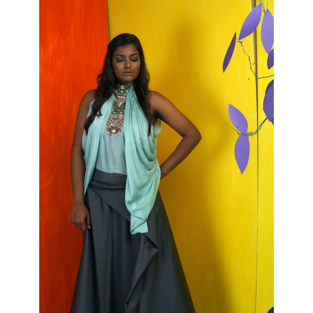 Payal Dawar Blue Drapy Tricks Top with Skirt (Set of 2)