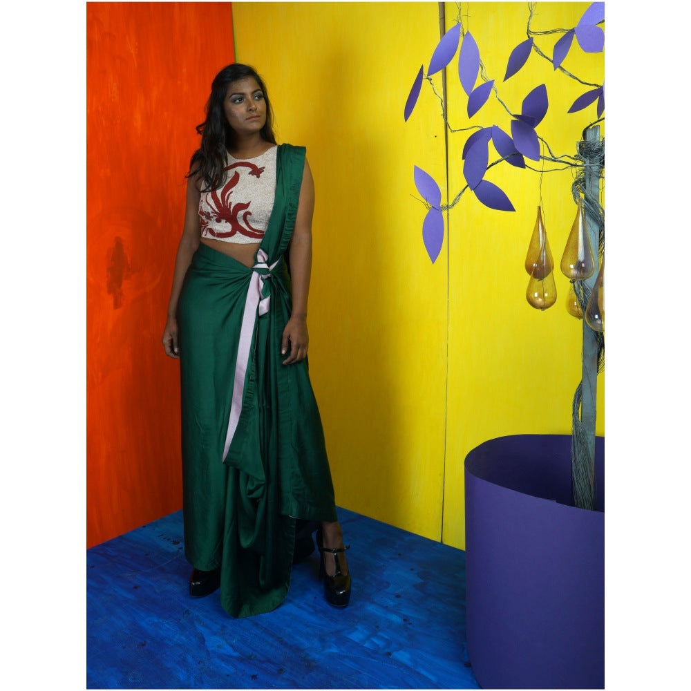 Payal Dawar Green Traditional Twists Pre Draped Saree with Stitched Blouse