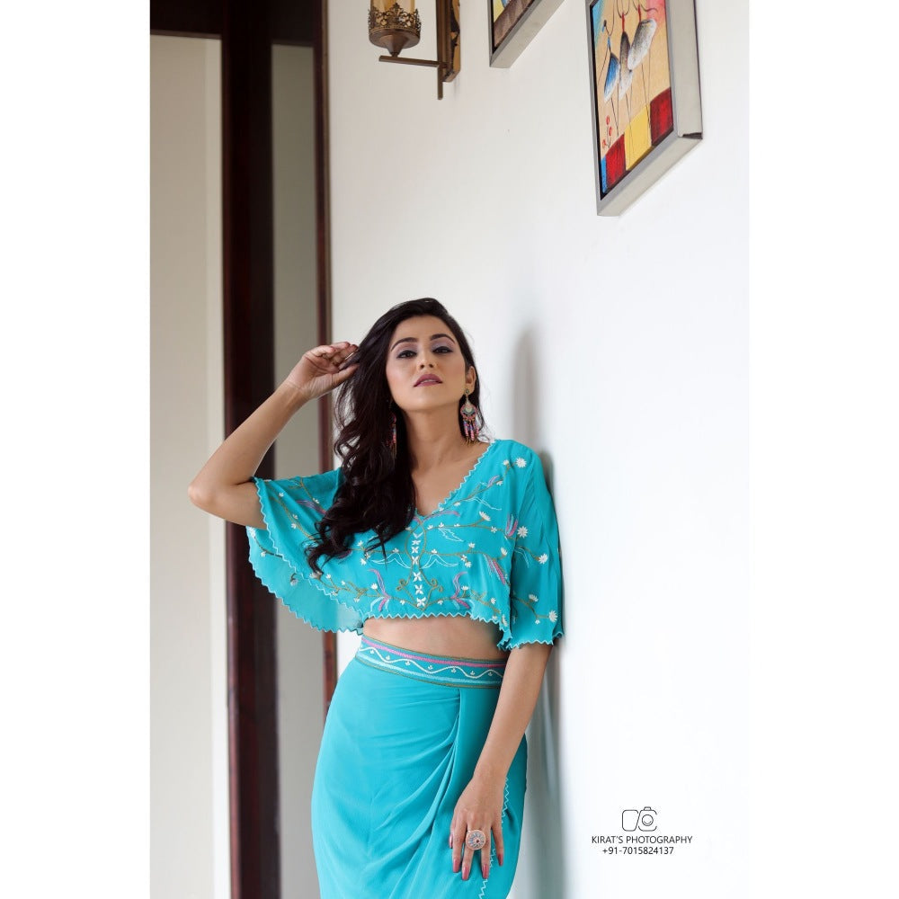 Payal Dawar Blue Drape Crop Top and Skirt (Set of 2)