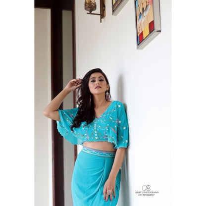 Payal Dawar Blue Drape Crop Top and Skirt (Set of 2)