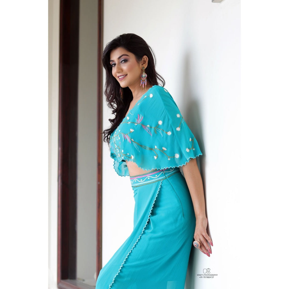 Payal Dawar Blue Drape Crop Top and Skirt (Set of 2)