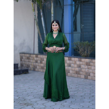 Payal Dawar Green Ethnic Chic Crop Top with Skirt and Sling Bag (Set of 3)