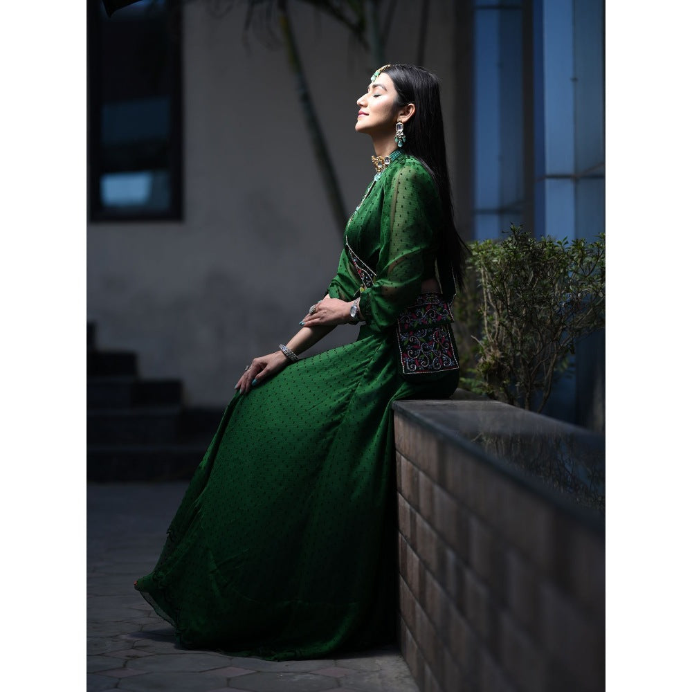 Payal Dawar Green Ethnic Chic Crop Top with Skirt and Sling Bag (Set of 3)