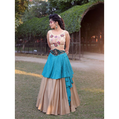 Payal Dawar Beige Drape Crop Top with Skirt and Belt (Set of 3)