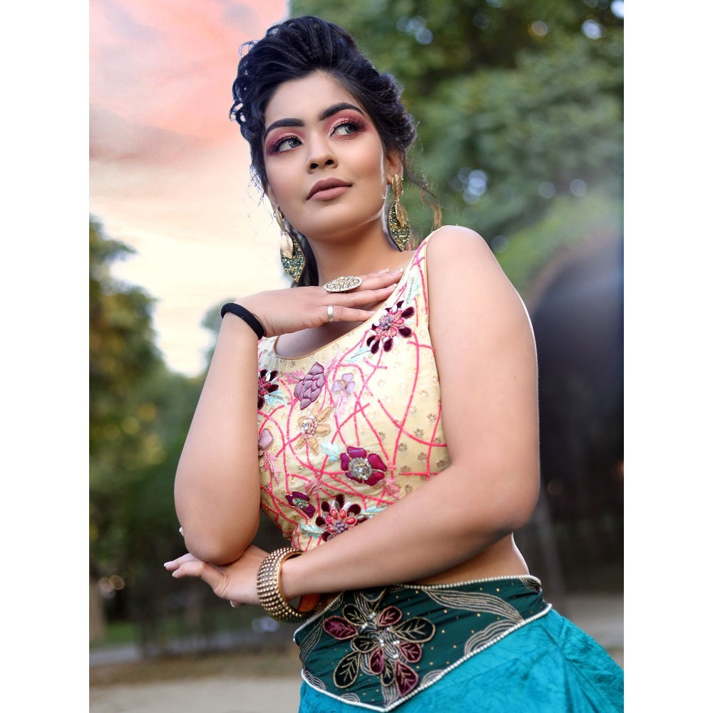 Payal Dawar Beige Drape Crop Top with Skirt and Belt (Set of 3)