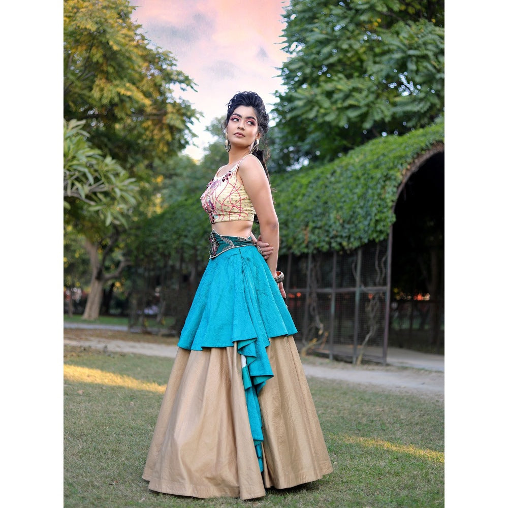 Payal Dawar Beige Drape Crop Top with Skirt and Belt (Set of 3)