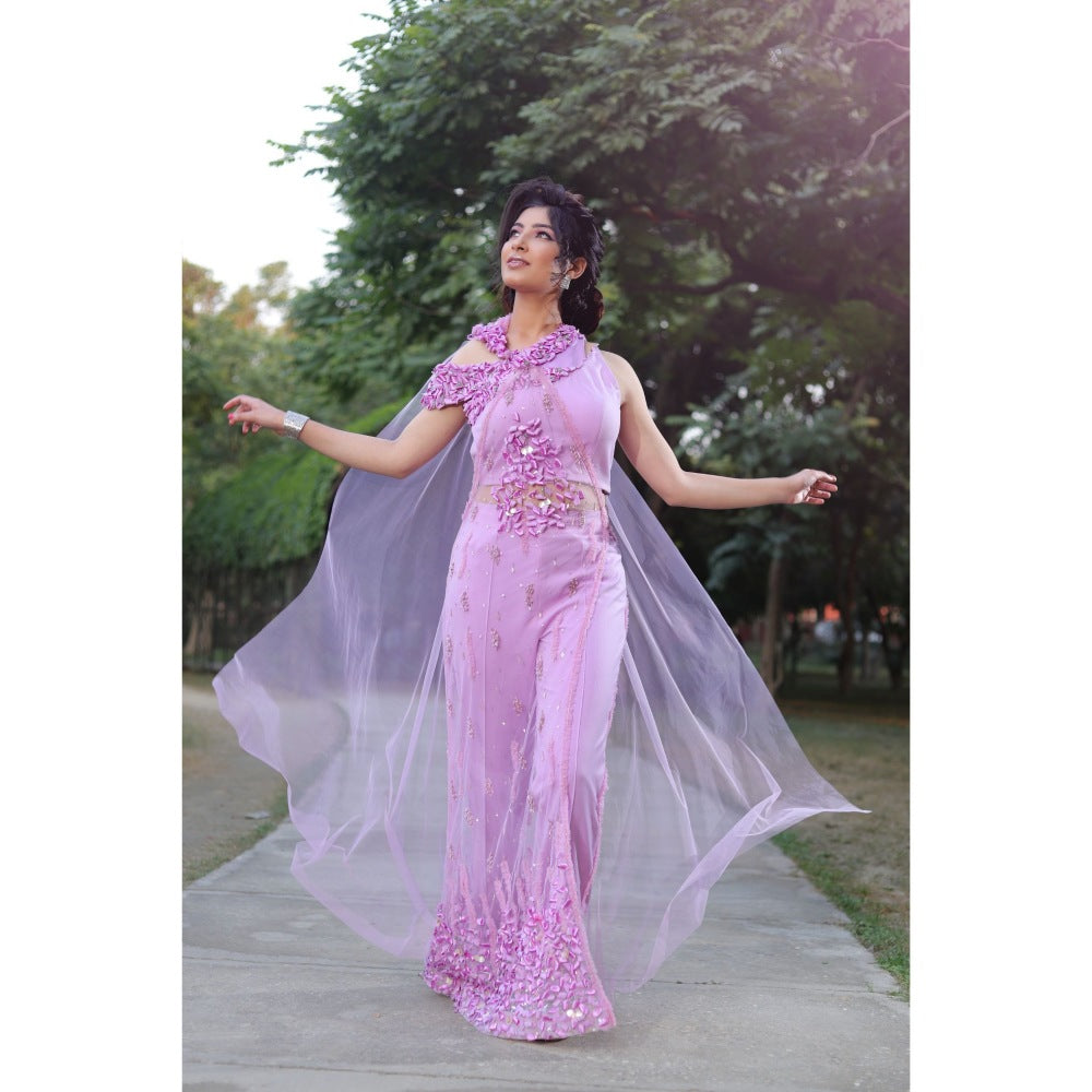 Payal Dawar Mauve Contemporary Crop Top with Attached Draped and Pant (Set of 2)