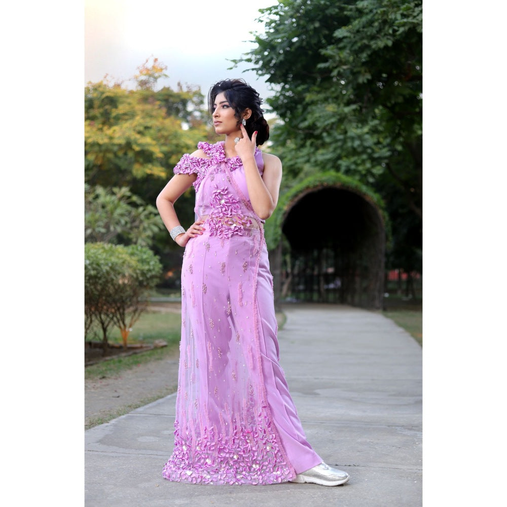 Payal Dawar Mauve Contemporary Crop Top with Attached Draped and Pant (Set of 2)