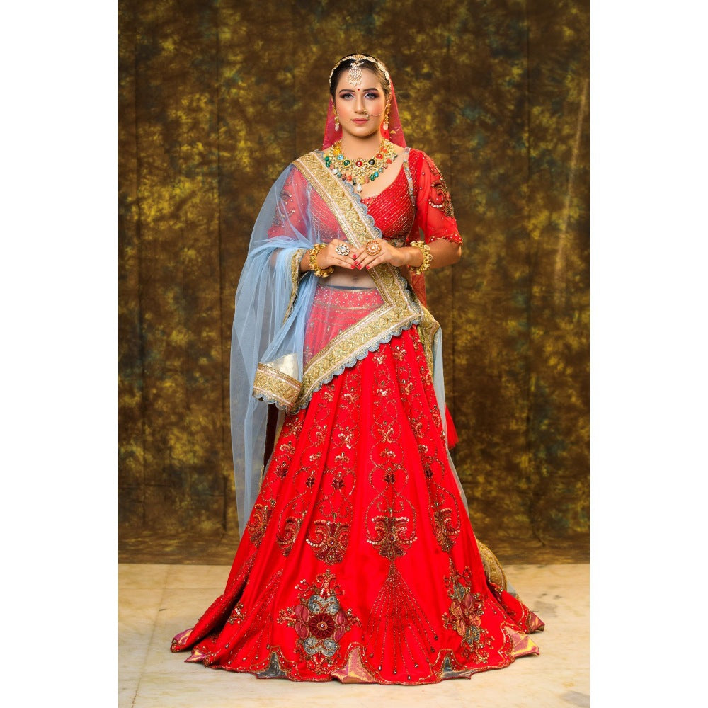 Payal Dawar Red Bridal Lehenga with Blouse and 2 Dupattas (Set of 4)