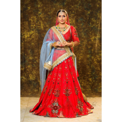 Payal Dawar Red Bridal Lehenga with Blouse and 2 Dupattas (Set of 4)
