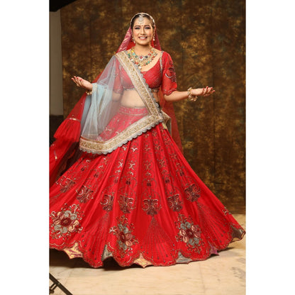 Payal Dawar Red Bridal Lehenga with Blouse and 2 Dupattas (Set of 4)