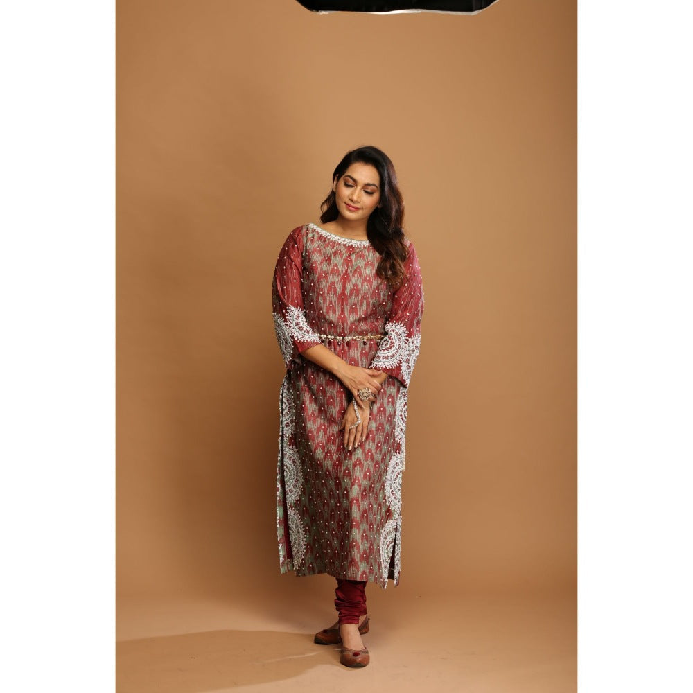 Payal Dawar Maroon Shibori Fusion Kurta with Churidar and Belt (Set of 3)