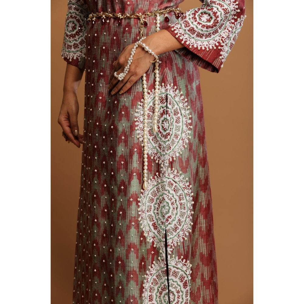 Payal Dawar Maroon Shibori Fusion Kurta with Churidar and Belt (Set of 3)