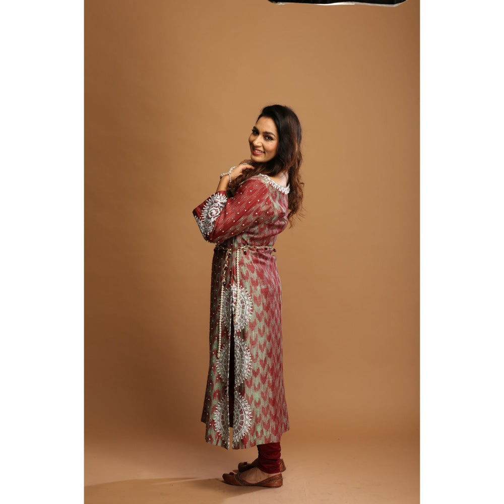 Payal Dawar Maroon Shibori Fusion Kurta with Churidar and Belt (Set of 3)
