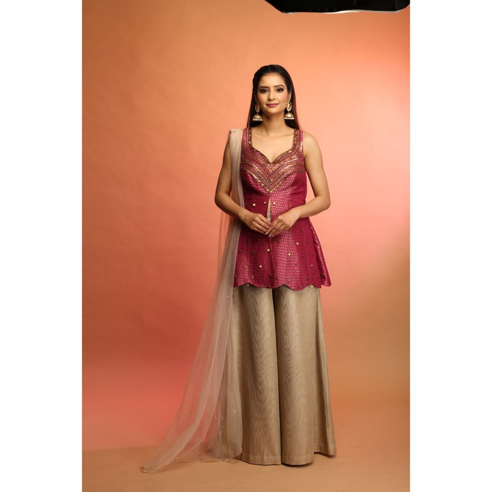 Payal Dawar Wine Fusion Banarasi Short Kurta with Palazzo and Dupatta (Set of 3)