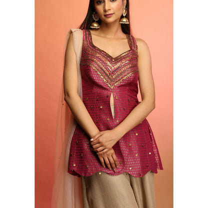 Payal Dawar Wine Fusion Banarasi Short Kurta with Palazzo and Dupatta (Set of 3)