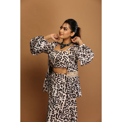 Payal Dawar Off White Bold Prints Crop Top with Skirt and Shrug (Set of 3)