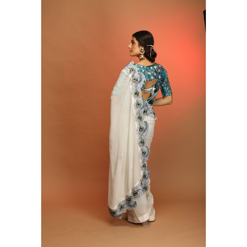 Payal Dawar White Miraa Saree with Stitched Blouse