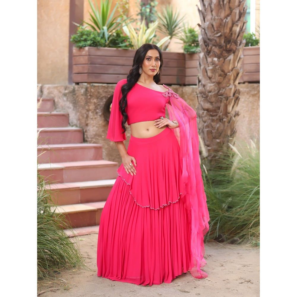Payal Dawar Pink Nazakat Drape Attached Crop Top with Skirt (Set of 2)