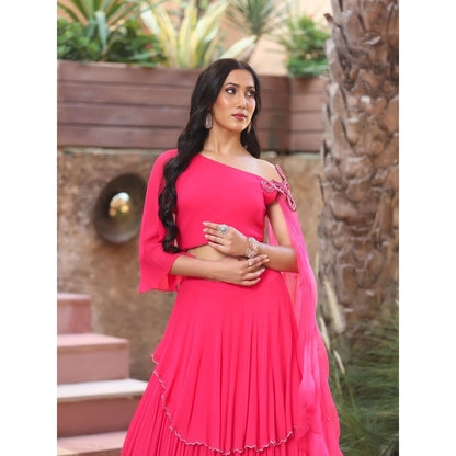 Payal Dawar Pink Nazakat Drape Attached Crop Top with Skirt (Set of 2)